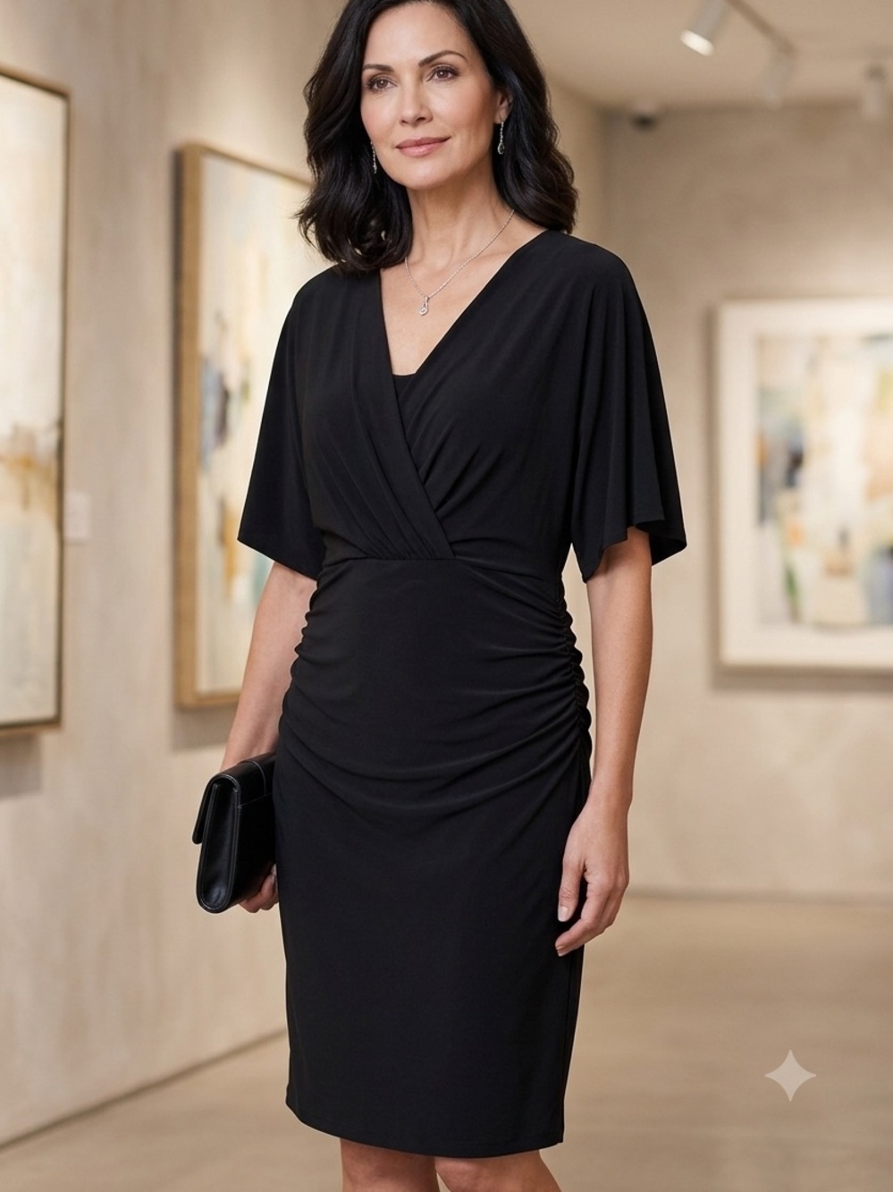 Jones Wear Dress Black Ruched Sides Surplice Neckline Midi Dress Stretch 16